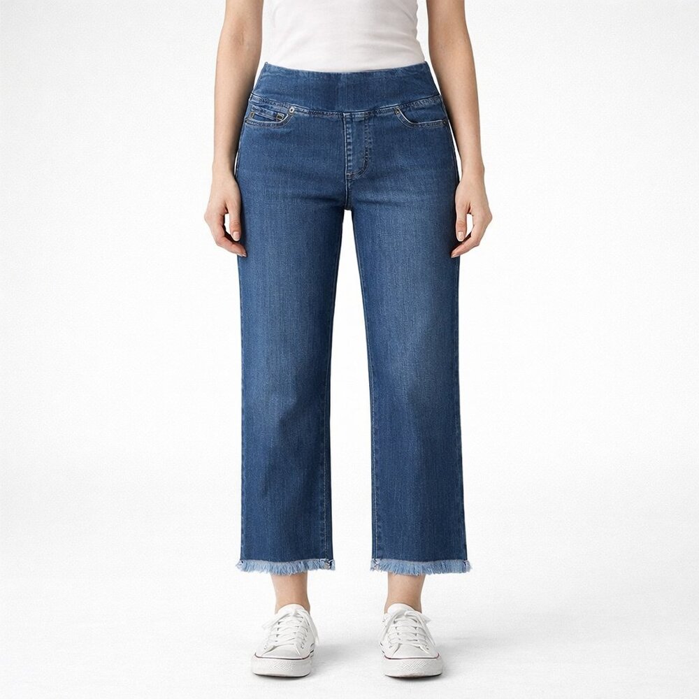 Kim Gravel Belle Blue Cropped Wide Leg Jeans Pull On Raw Hem Size 0P